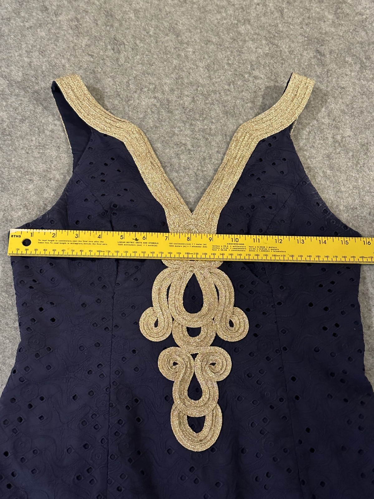 Lilly Pulitzer Emery Shift Dress Navy Blue Gold Soutache Starfish Eyelet Size 0