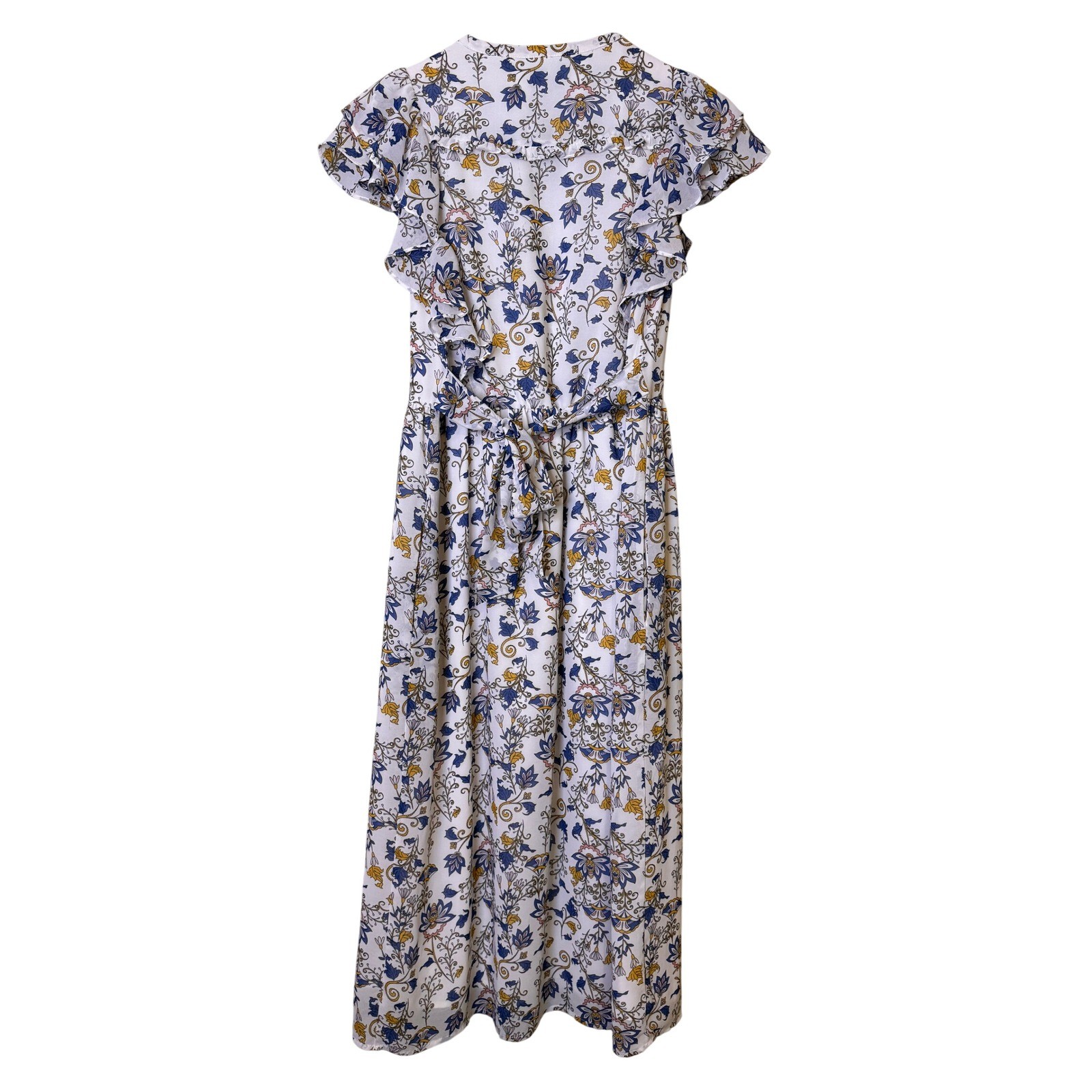 Dip Womens Blue Floral Cottagecore Midi Dress Ruffle Sleeve Tie Back Size Small