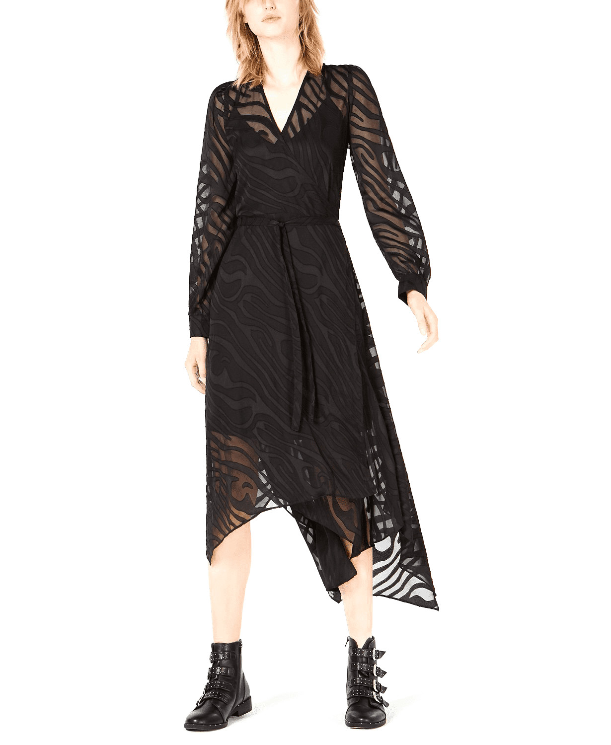 Bar III Dress Black Burnout Long Sleeve V Neck Below The Knee Wrap XXS NEW NWT