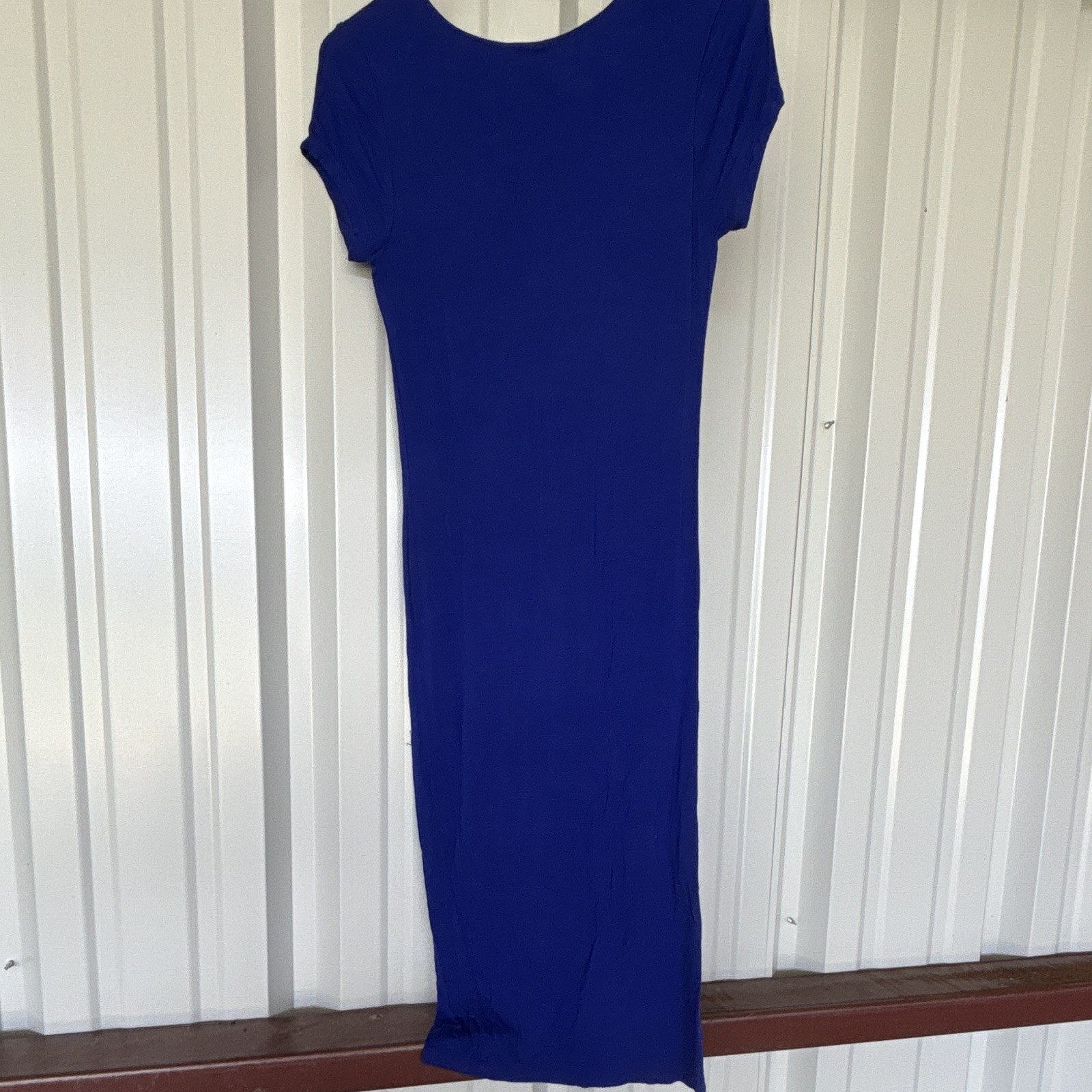American Dream Blue Solid V-Neck Short Sleeve Maxi Dress Size S Poly/Spandex