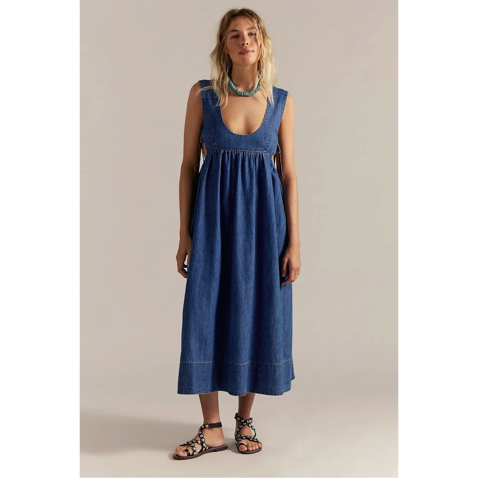 Free People Retro 90s Pinafore Mirenia Denim Midi Dress Dark Wash XL NWT