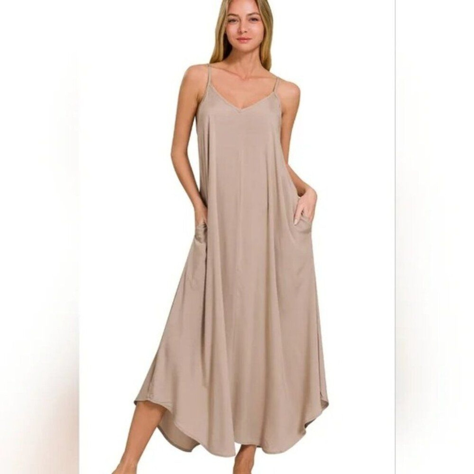 ZENANA Mocha Womens Large Rayon Linen Like Flowy Summer Travel Sundress Pockets