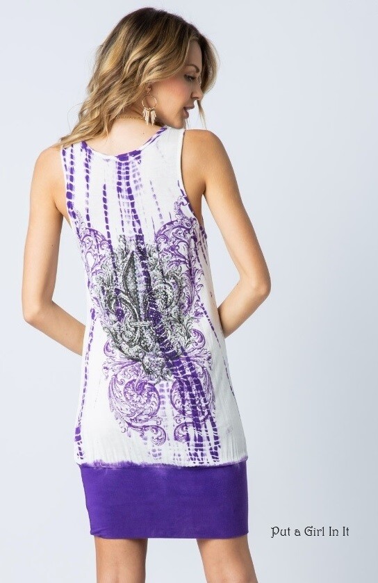 New VOCAL Womens PURPLE TIE DYE CRYSTAL FLEUR DE LIS TUNIC TANK DRESS S M L XL