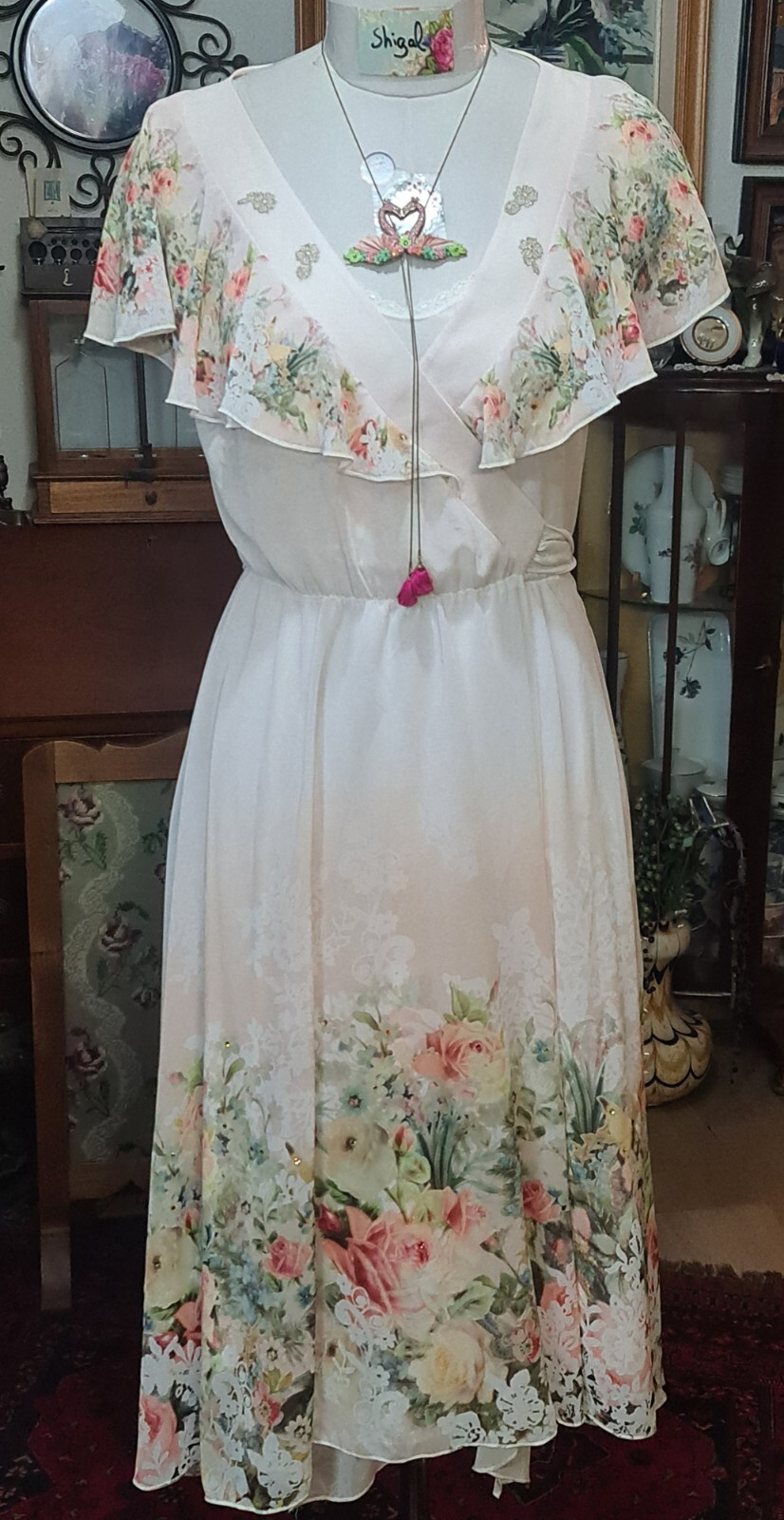 Michal Negrin Great Wrap White Dress Floral Pattern With Slip- Size “M”