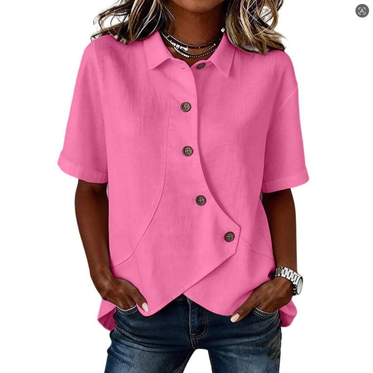 Womens Casual Solid-color Irregular-button Blouse Loose-fit Short Sleeves