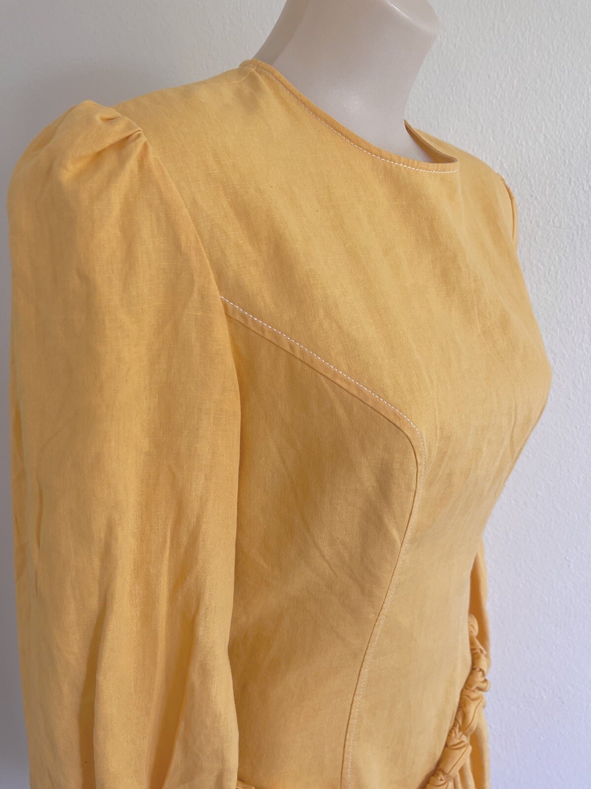LEO LIN Mini Dress Yellow Pastel Orange Cotton Linen balloon Sleeves SZ AU 10 M