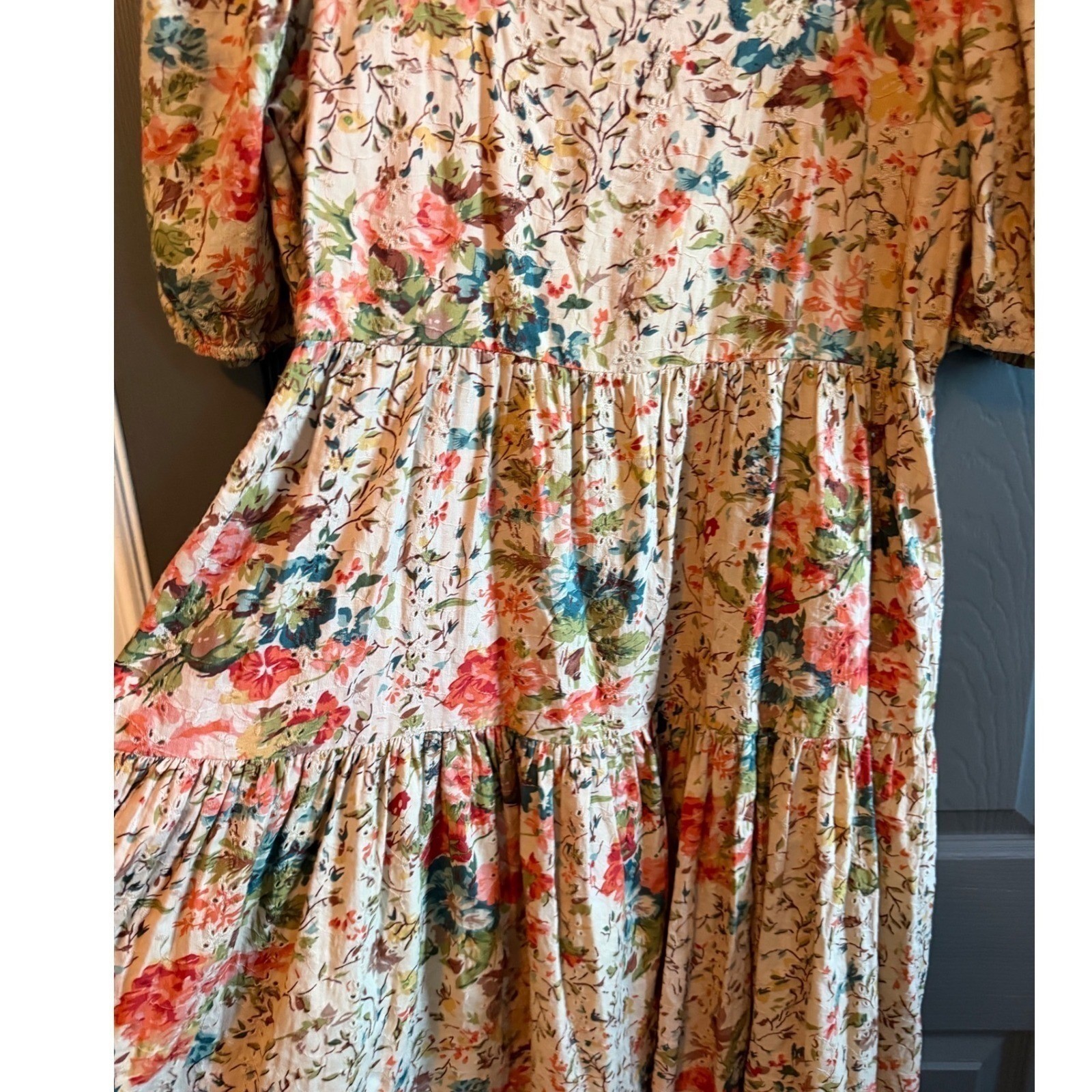 Uncle Frank Floral Eyelet Tiered Midi Dress Puff Sleeve Boho Cottagecore Medium