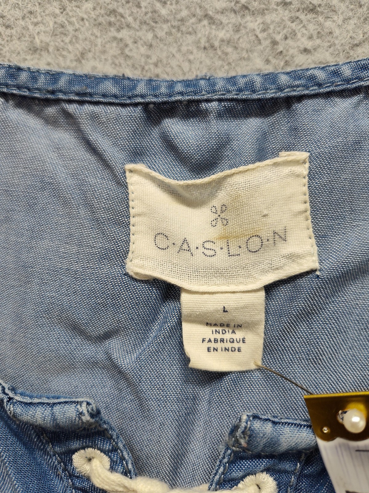 Caslon Dress Womens Large Blue Chambray Lace Up Scoop Neck Shift Short Sleeve