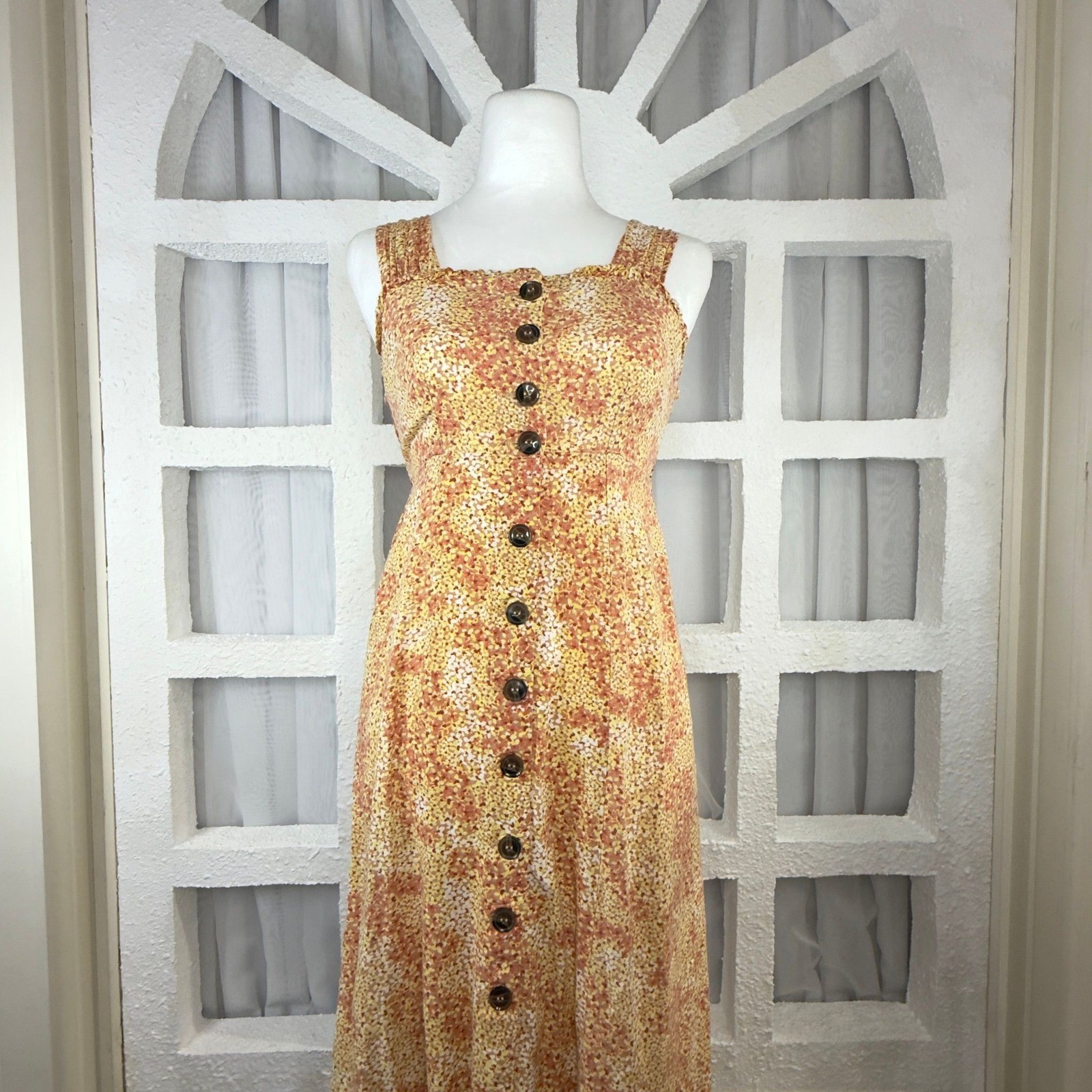 Yellow Orange Floral Button Down Midi Dress Smocked Back Sleeveless Square Neck