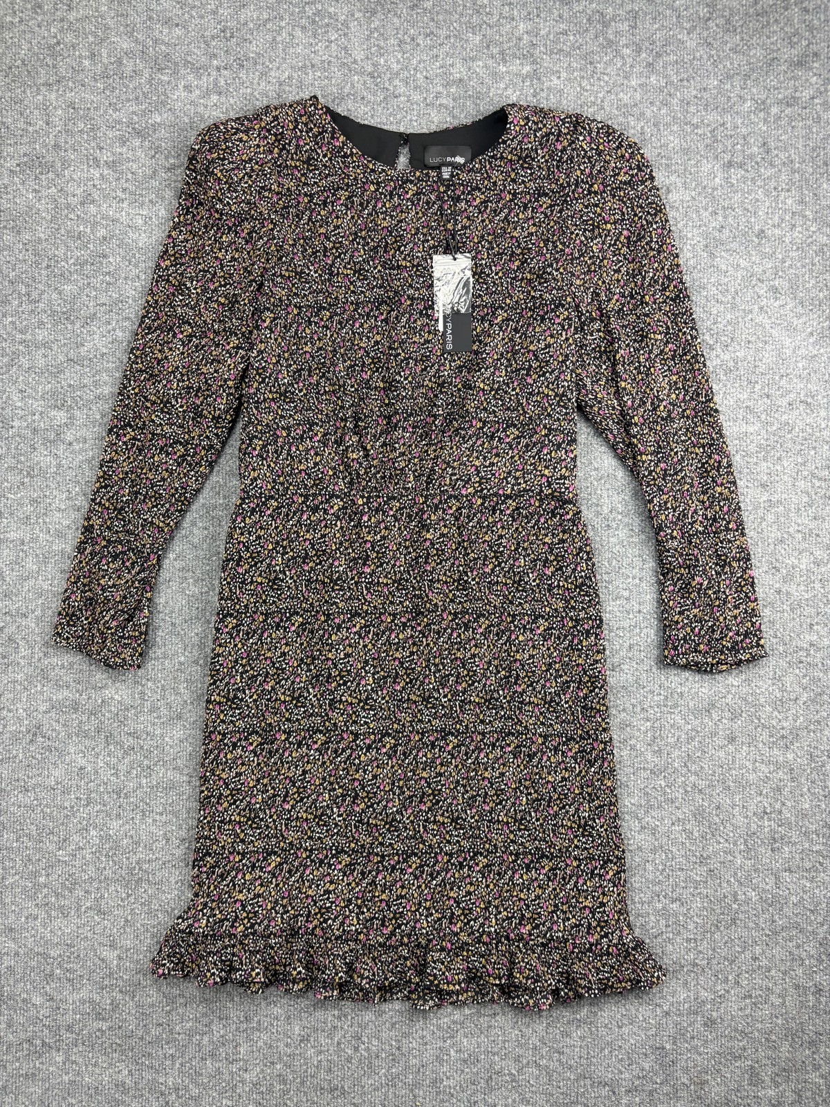 Lucy Paris Dress Womens Medium Black Floral Ruffle Hem Lined 3/4 Sleeve Mini