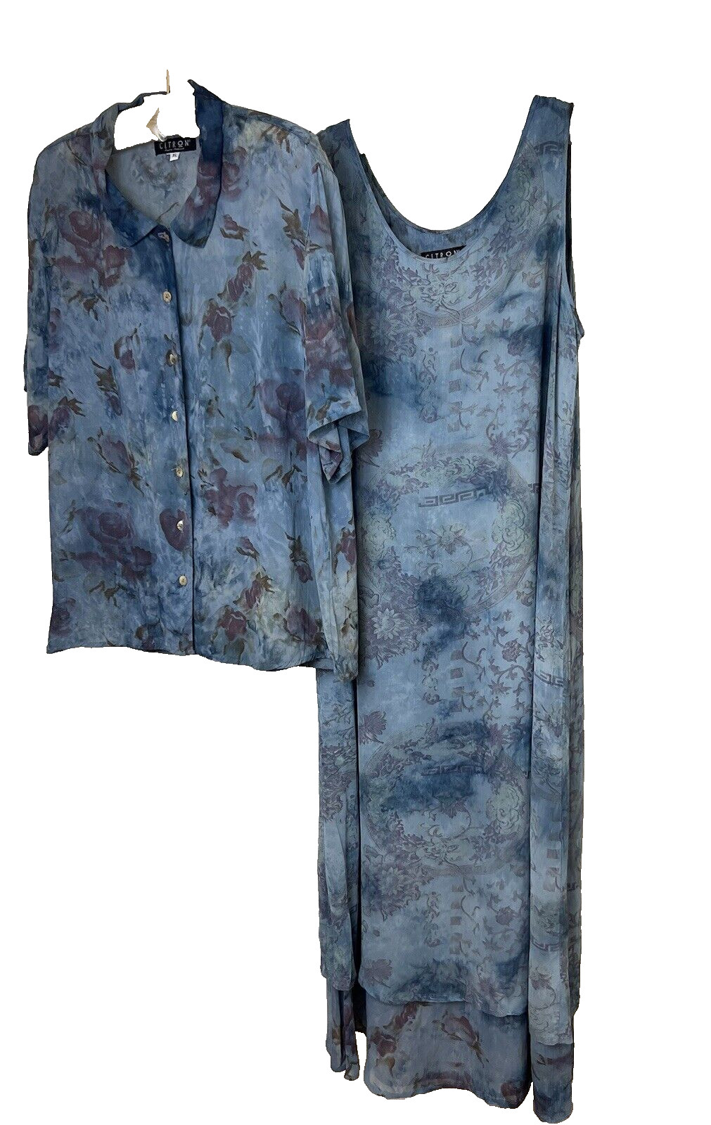 Citron Santa Sz XL Sleeveless Maxi Dress & Blouse SET Blue Floral Watercolor