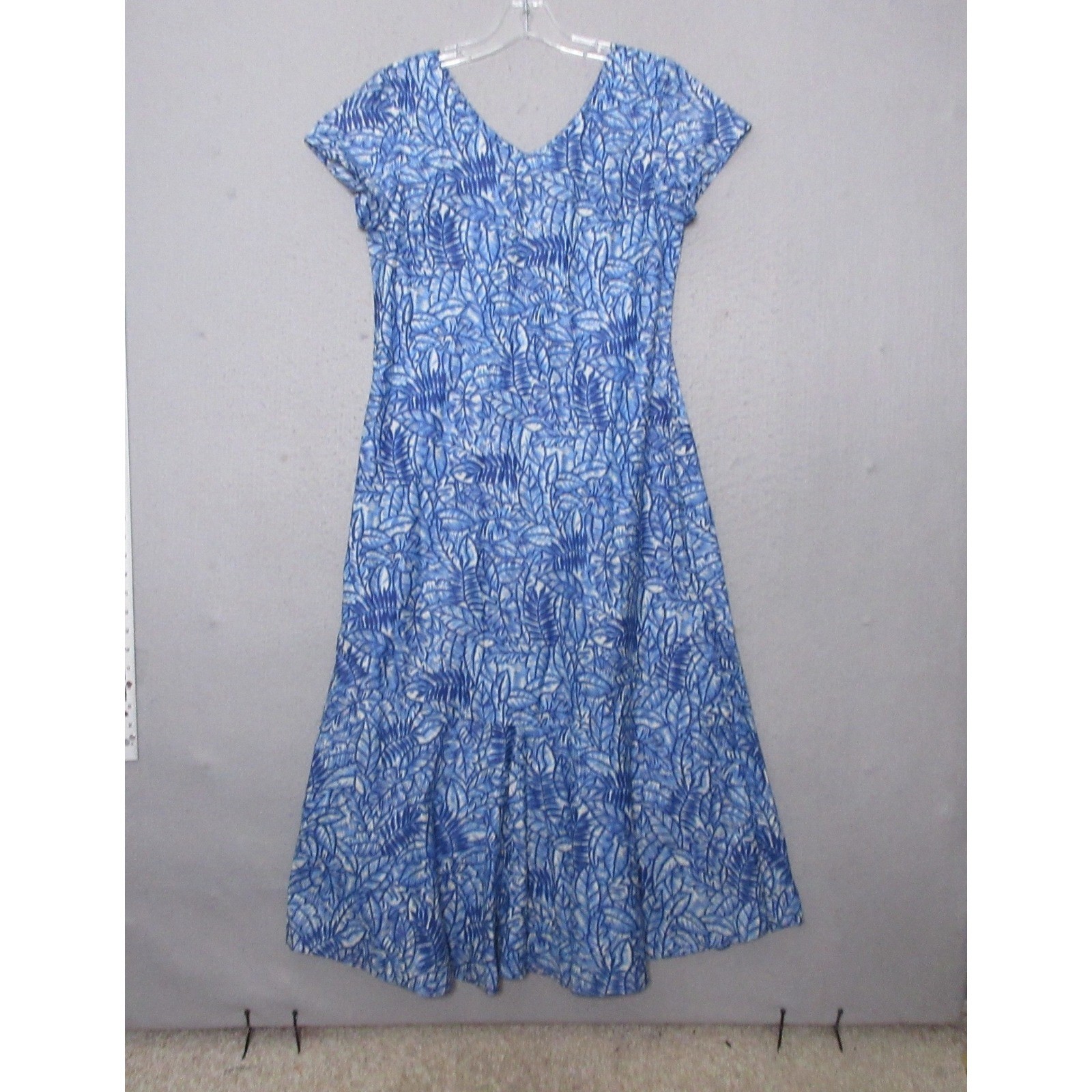 Nani Hawaiian Dress Medium Blue White Tropical Leaf Luau Aloha Midi Made in USA