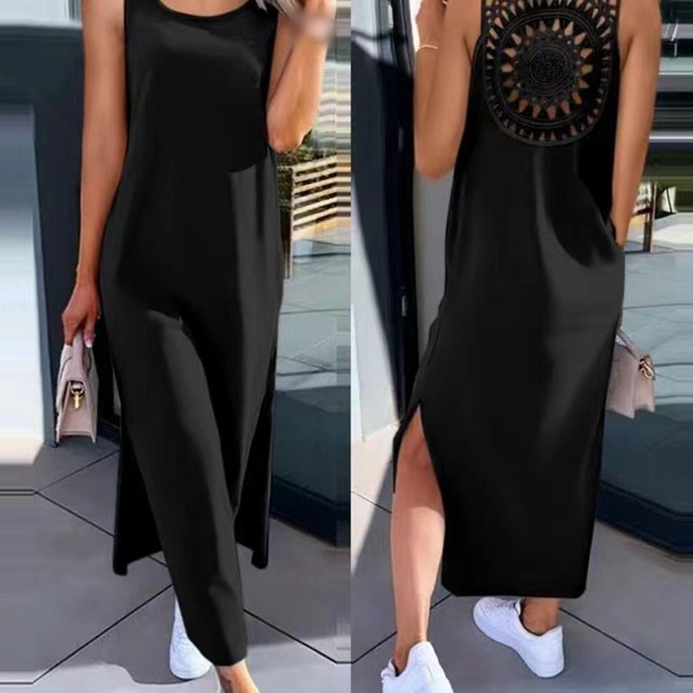 Women’s Openwork Sleeveless Slit Vest Dress Over The Knee