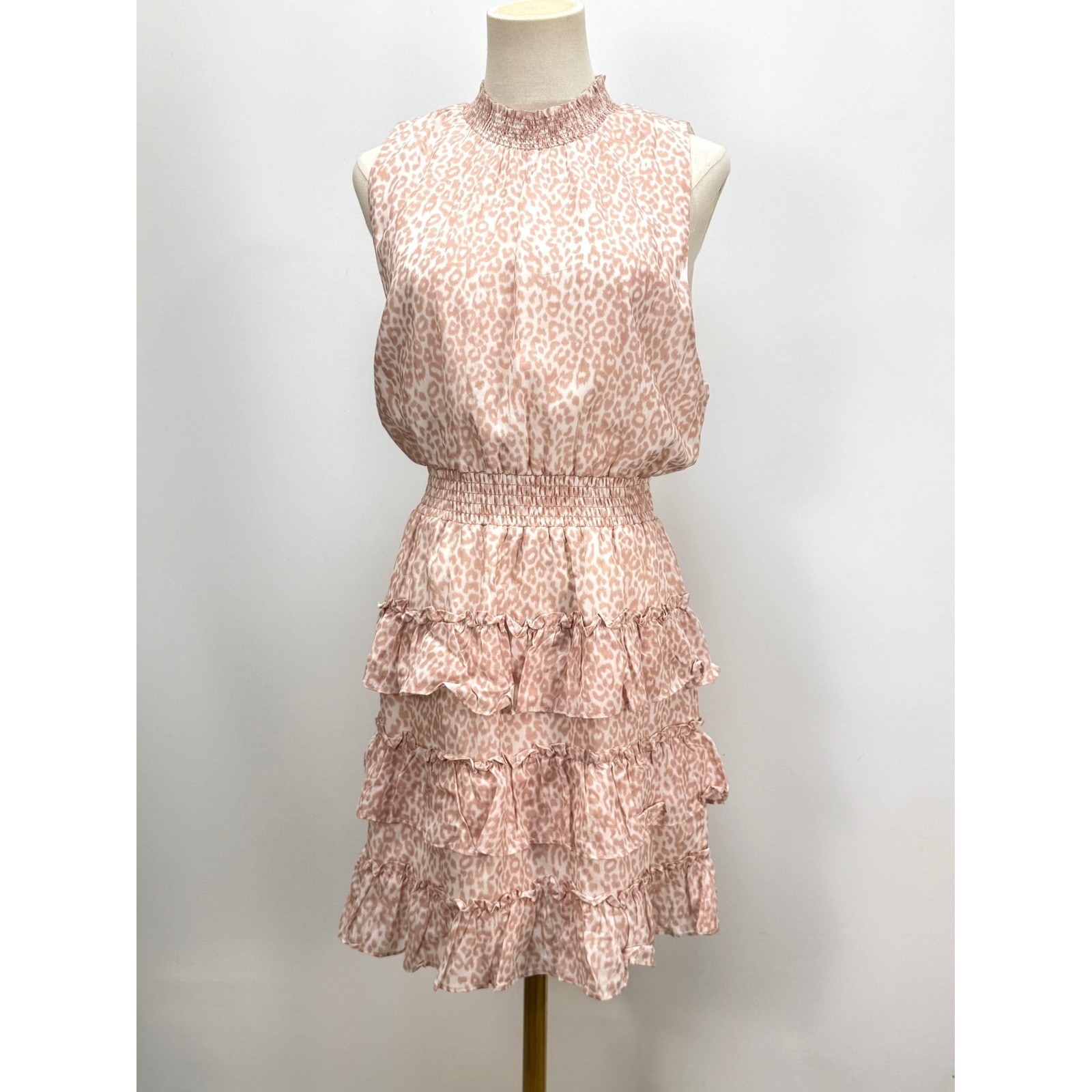 Rachel Parcell Pink Leopard Print Smocked High Neck Tiered Ruffle Mini Dress L