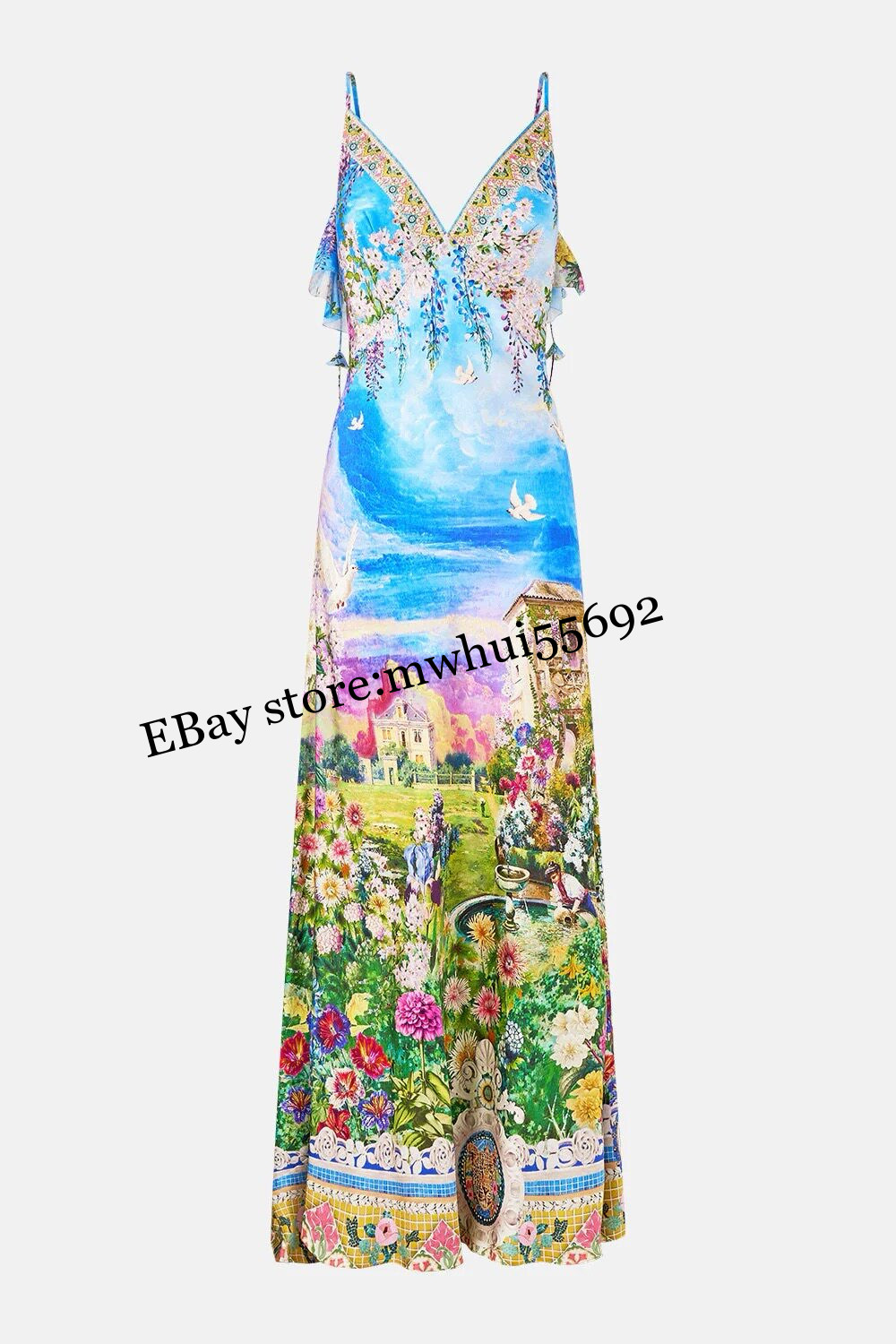 CAMILLA print beautiful dress V-neck sleeveless suspenders elegant temperament