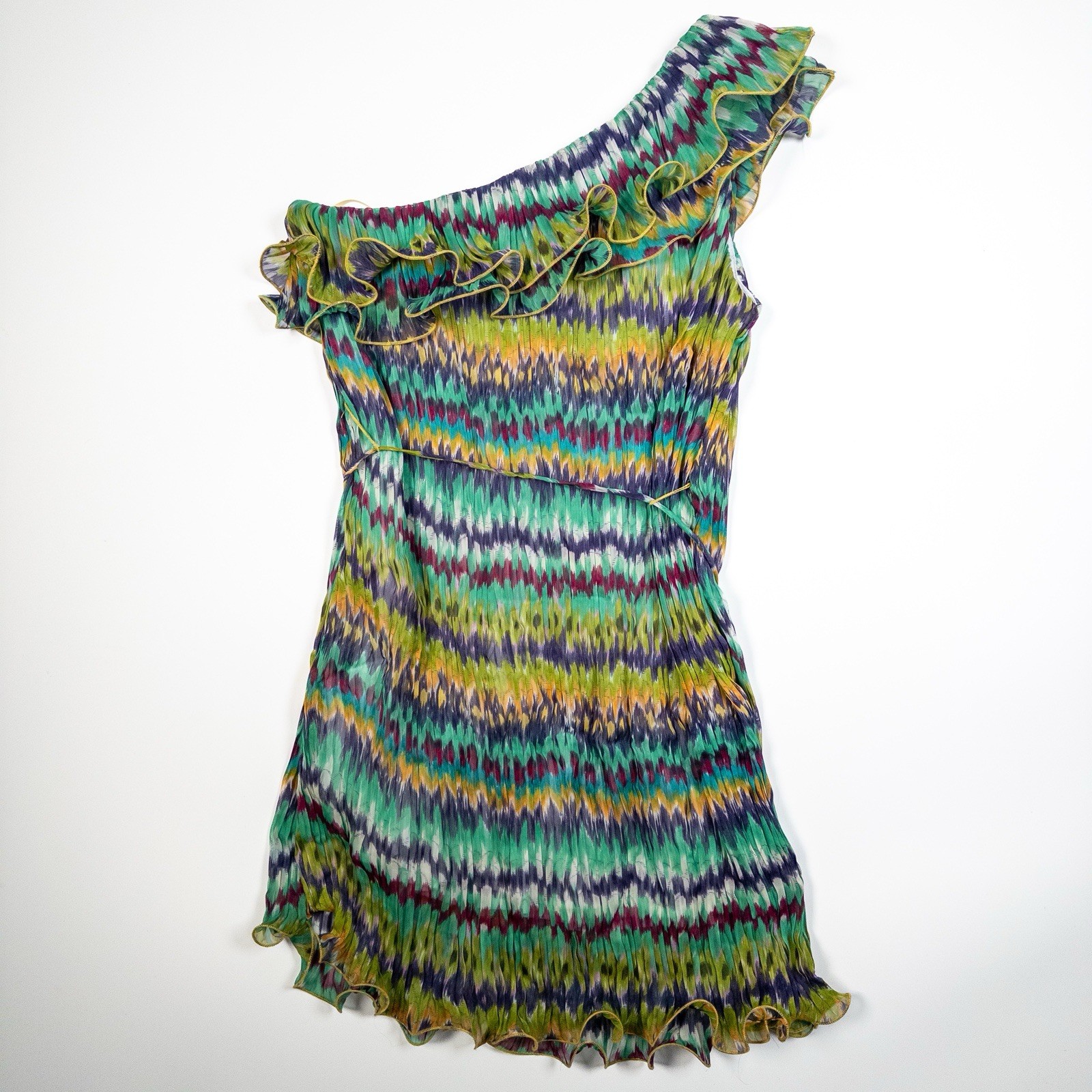 Love Culture Ikat One Shoulder Ruffle Mini Dress Green Multicolor No Tag M