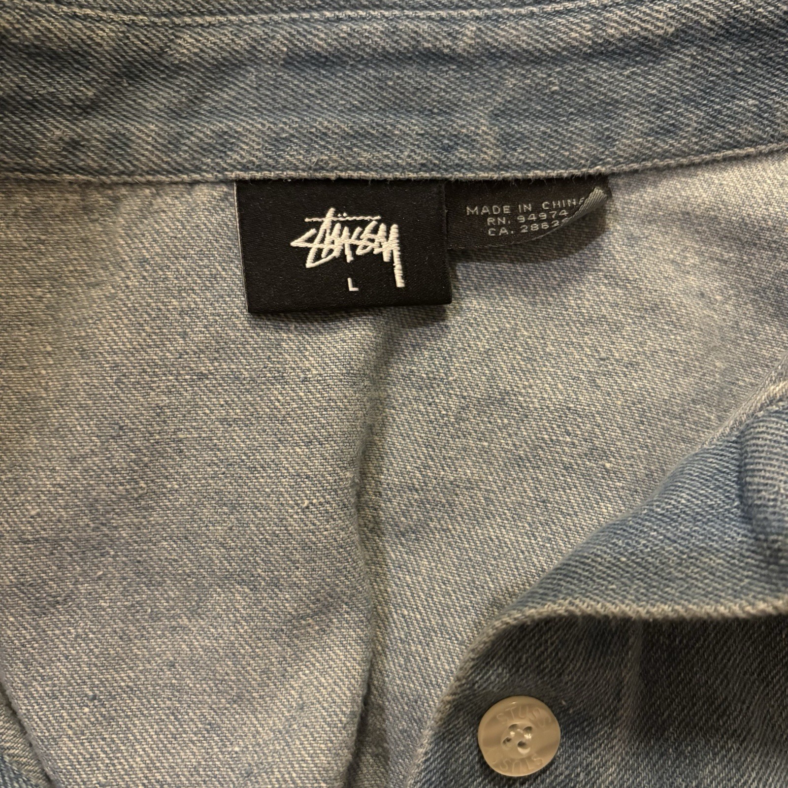 Stussy Dress Blue Denim Button Logo Pockets Women’s Size Large
