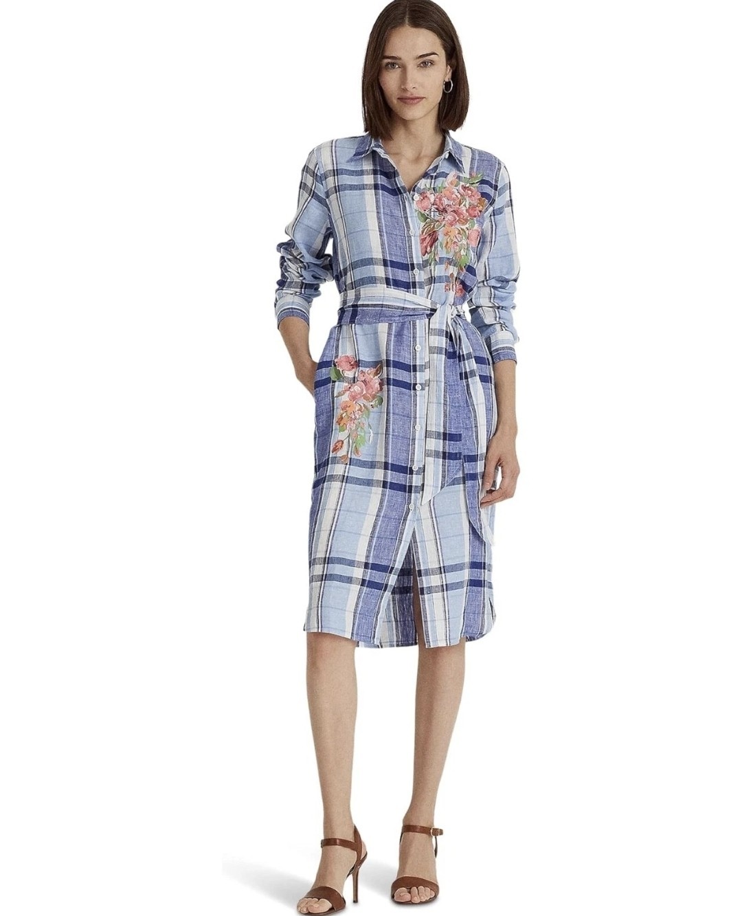 Lauren Ralph Lauren Floral Plaid Linen Shirt Dress Blue Belted Button Front 12