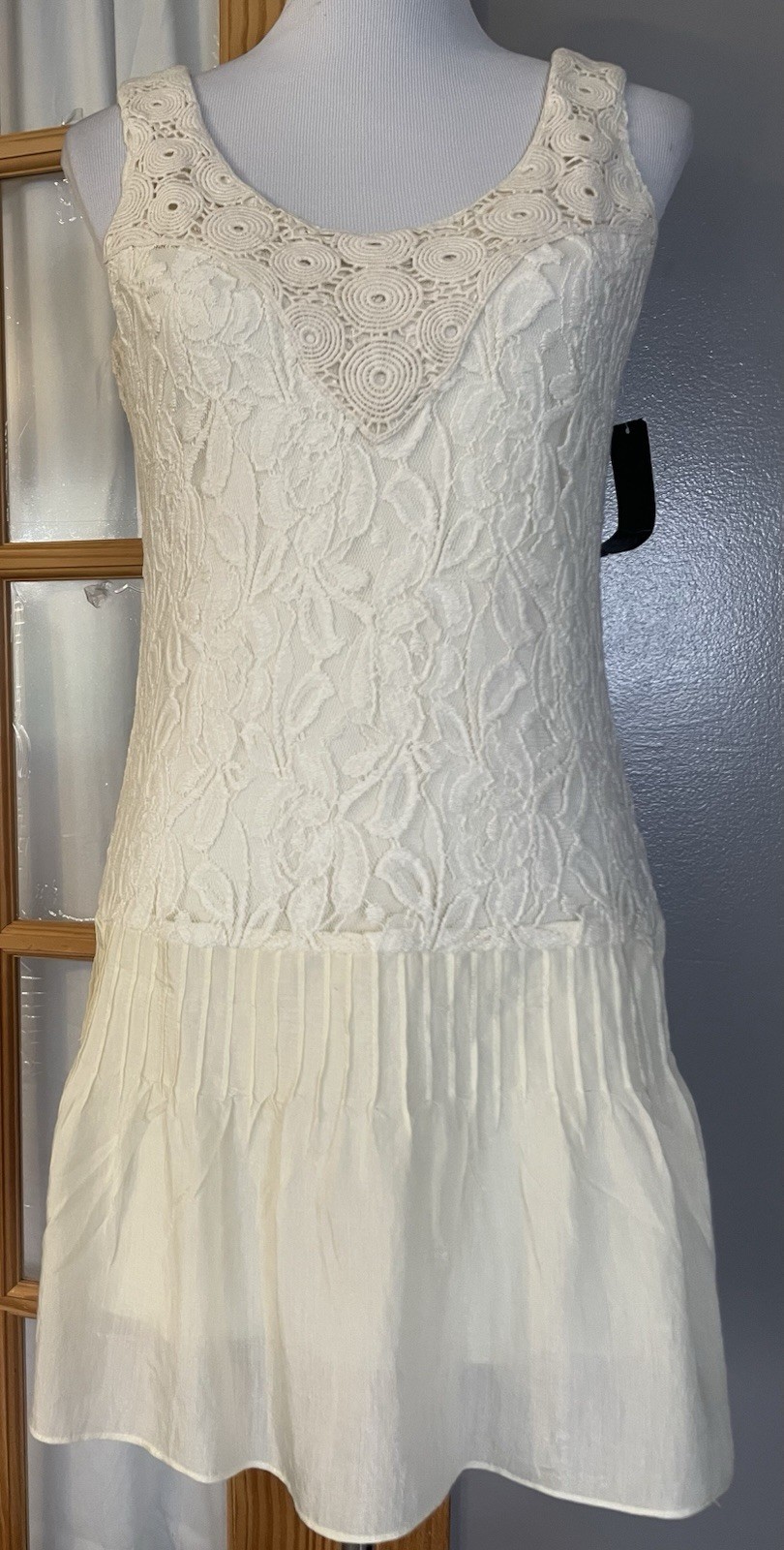 Vtg 90s Alyn Paige Floral Lace Mini Dress 5/6 Ivory Pintuck Sleeveless Classic