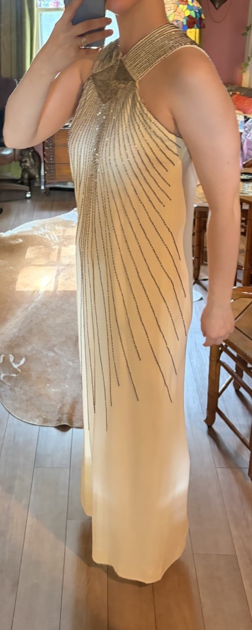 RARE VINTAGE Adele Simpson Egyptian Revival Sequin Cream Maxi Gown. Small.