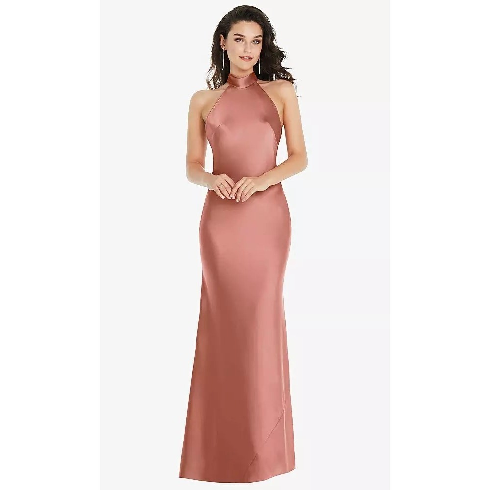 2830 NWT Social 8223 Scarf Tie High-Neck Halter Maxi Slip Dress Desert Rose