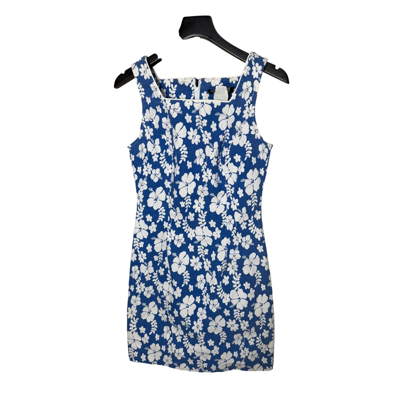City Triangles Vintage 90s Blue White Hibiscus Floral Mini Dress Size 9/10 USA