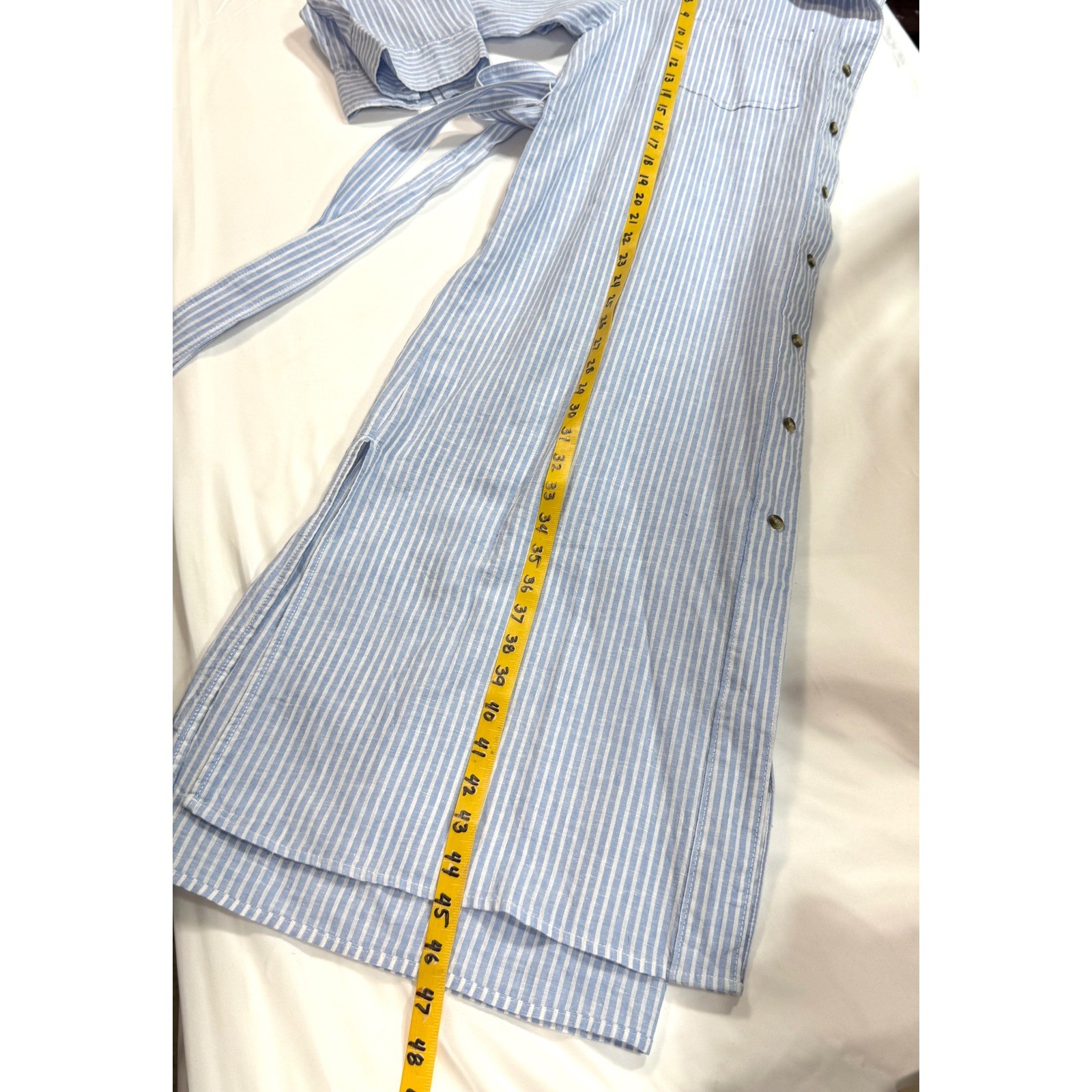 H&M Light Blue White Striped Button Down Midi Shirt Dress with Tie Waist Belt