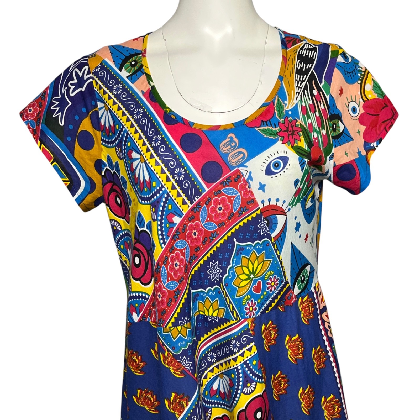 Orientique Amritsar Organic Cotton Patchwork Midi Dress Art Print Size Small