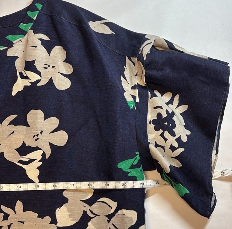 Anthropologie WHIT Silk/Linen Temple Dress in Botanical Print Navy Blue Size L