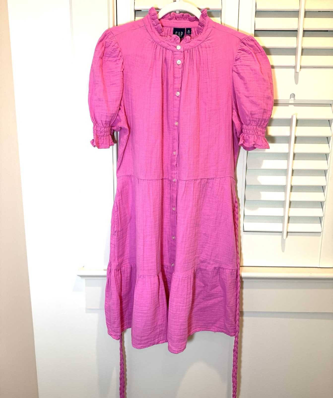 Gap Women Dress Size M Tall Pink Soft Cotton Gauze Tiered Dress Belt Pockets EUC