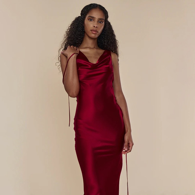 Women’s Satin Cowl Neck Backless Lace-Up Maxi Dress S-L 2 Colors