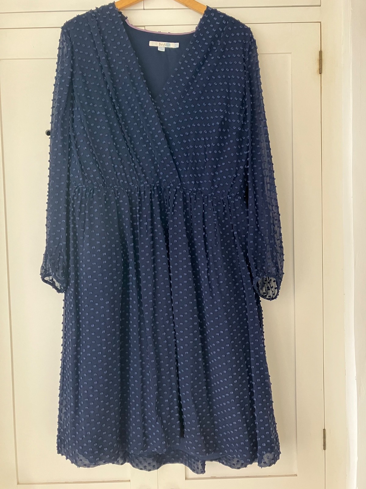 BODEN NAVY DRESS SIZE UK 16L SILK COTTON WOMENS LONG SLEEVE TEXTURED SPOTTY V