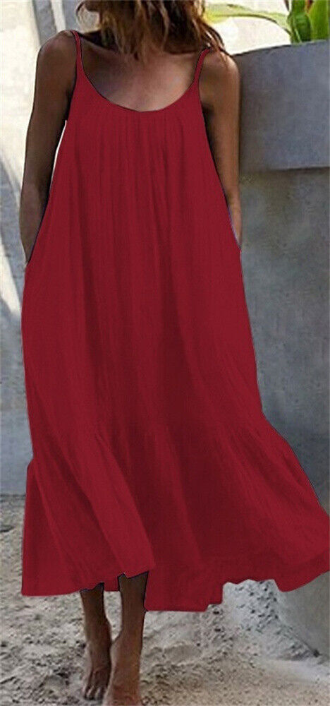 PLUS SIZE Ladies Strappy Maxi Dress Summer Beach Loose Baggy Kaftan Dresses