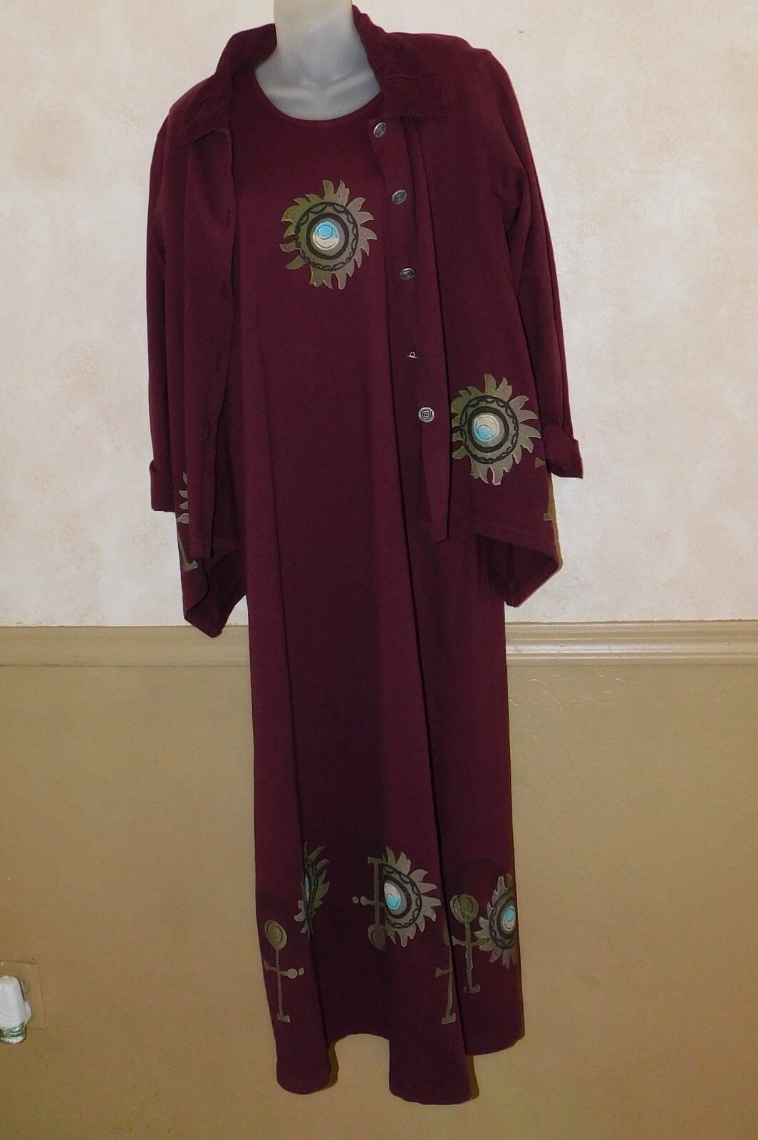 New Age Dress & Jacket Hand painted Sun & Egyptian Ankh sz S Boho