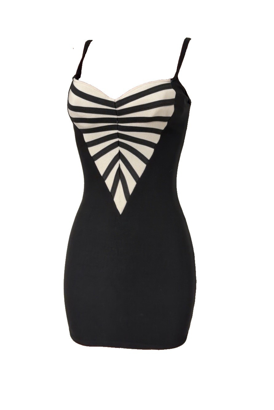 Vintage 90 Y2K Black Striped Bodycon Bandage Frederick’s Of Hollwood Mini Dress