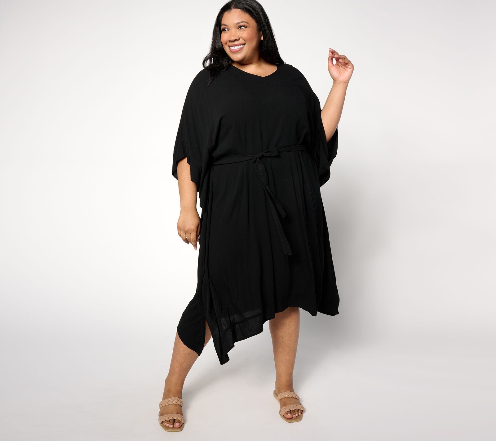 Denim & Co. Beach Woven Crepe Resort Caftan Dress with Side Slits Black L New