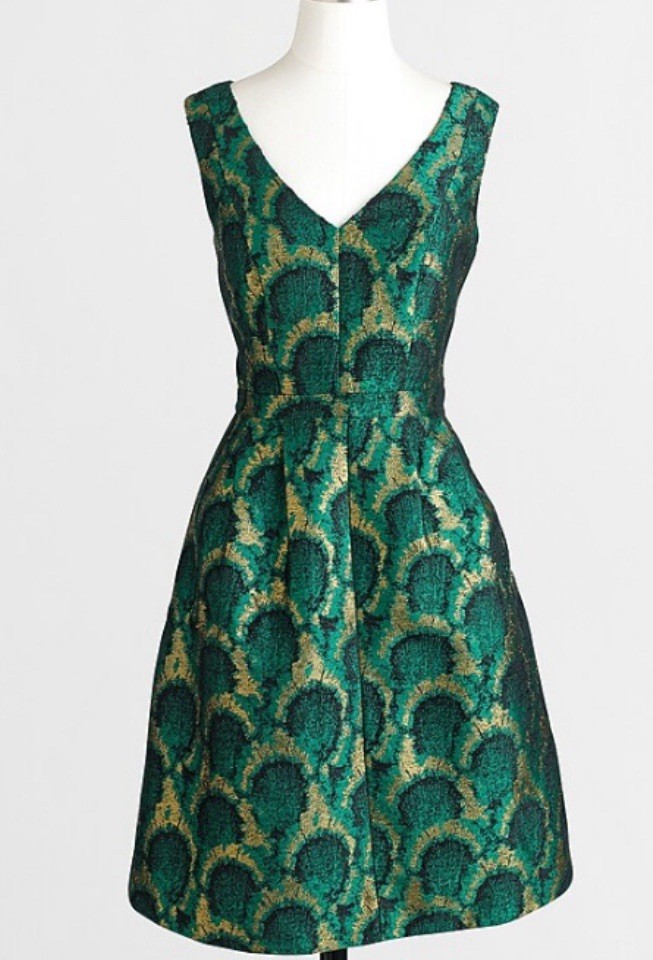 J Crew Peacock Jacquard Green Gold Metallic Sleeveless Dress Size 6 NWT