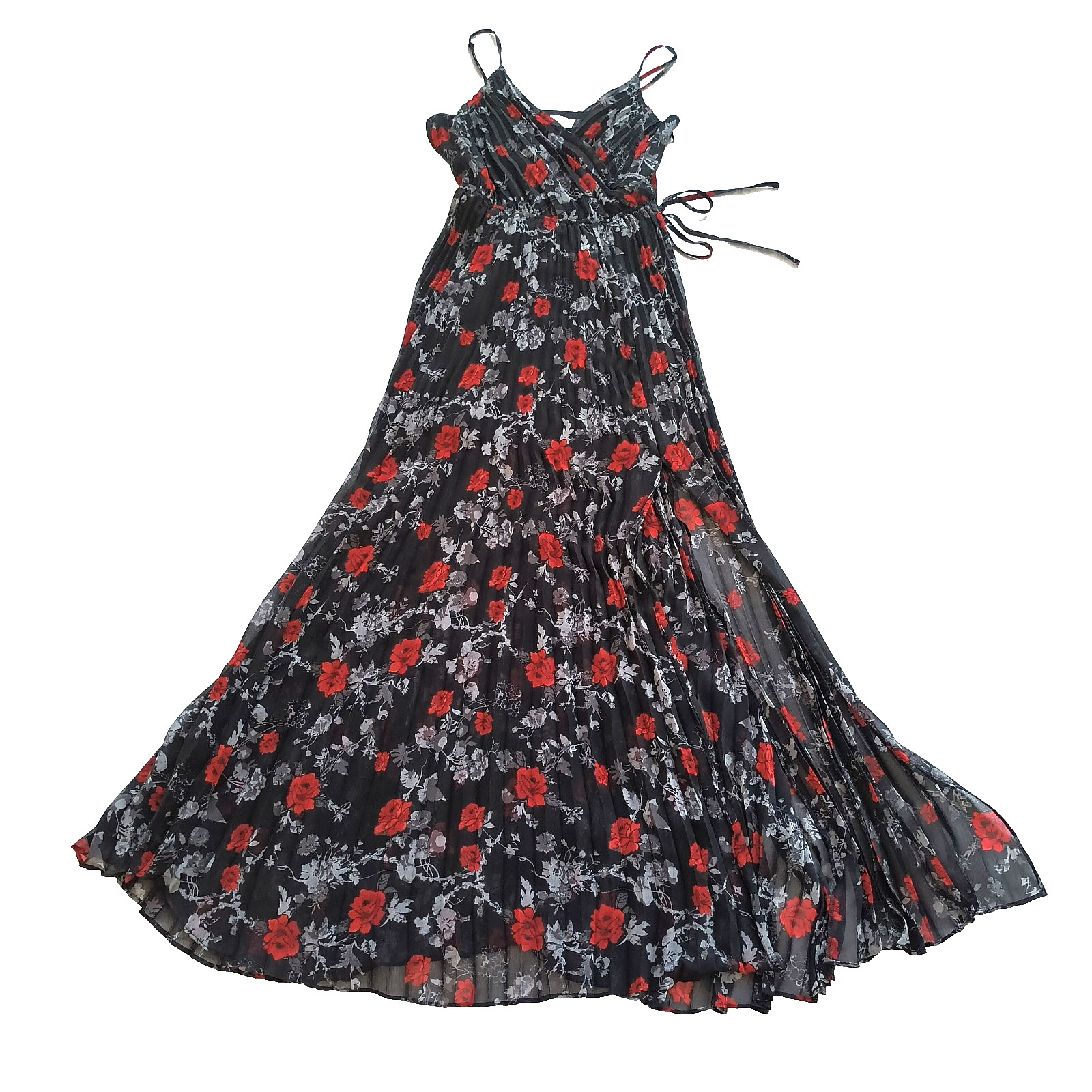 NEW Ali & Jay Pleated Adjustable Straps Maxi Dress Lined M Black Floral Print
