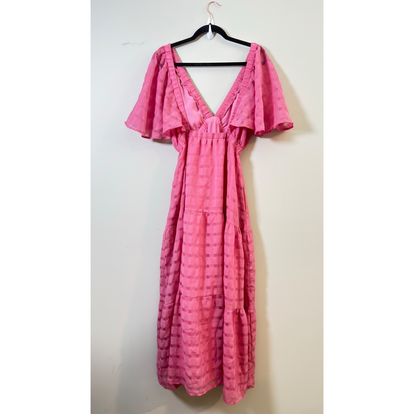 Storia Dress Pink Flutter Sleeve Tiered V-neck Plaid Texture Boho Romantic M