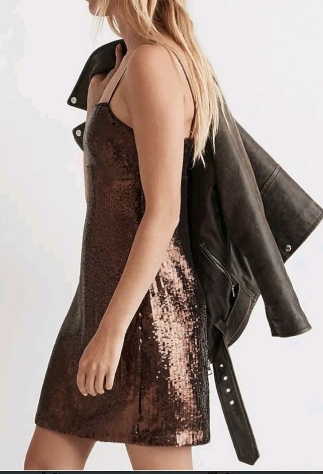 Madewell 6 Sequin Slip Mini Dress Chocolate Brown Y2K Babydoll Preppy Strappy