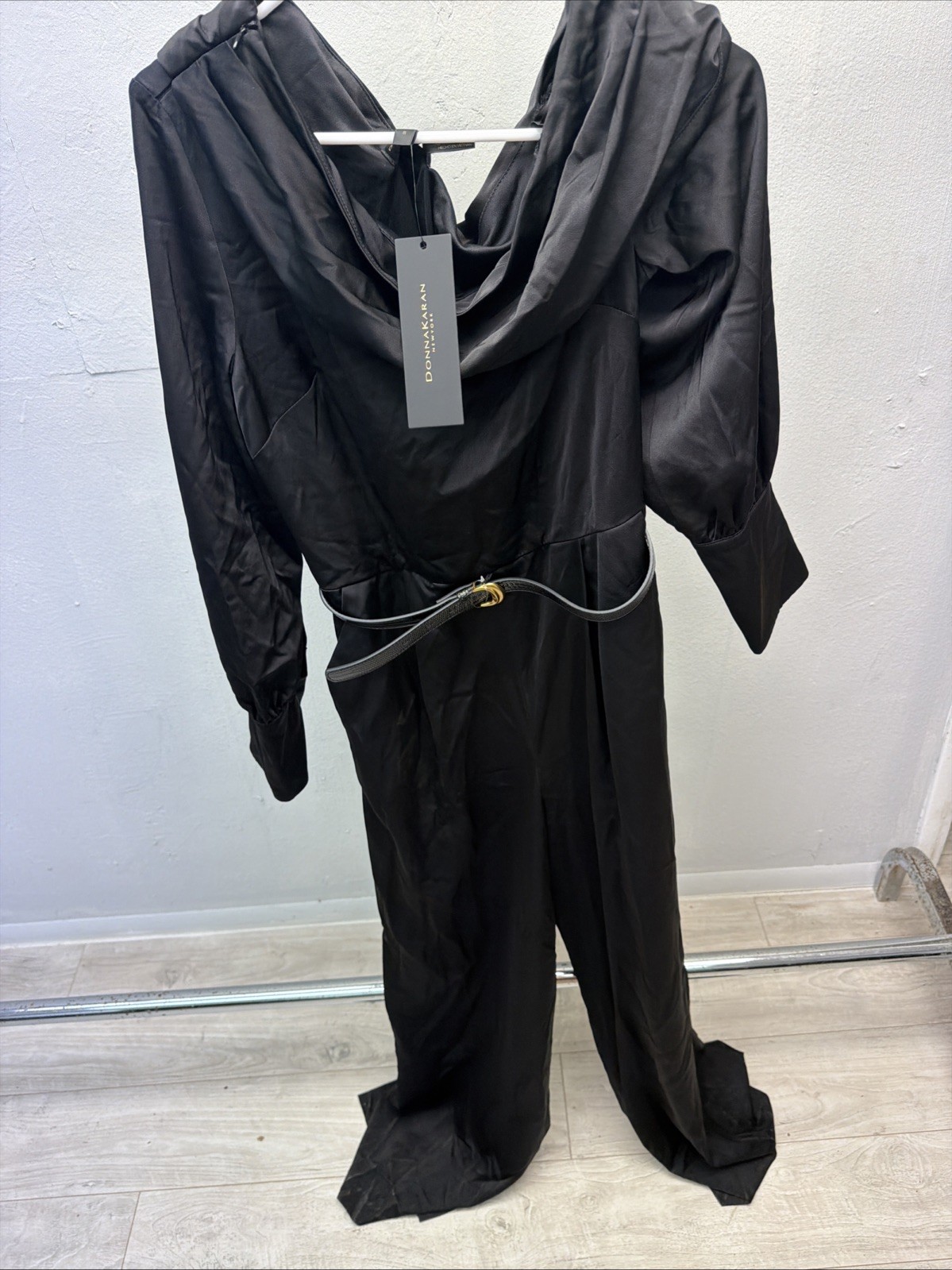 DONNA KARAN (Size 8) Black Draped Neckline Silky Satin Open Back Gown/pants