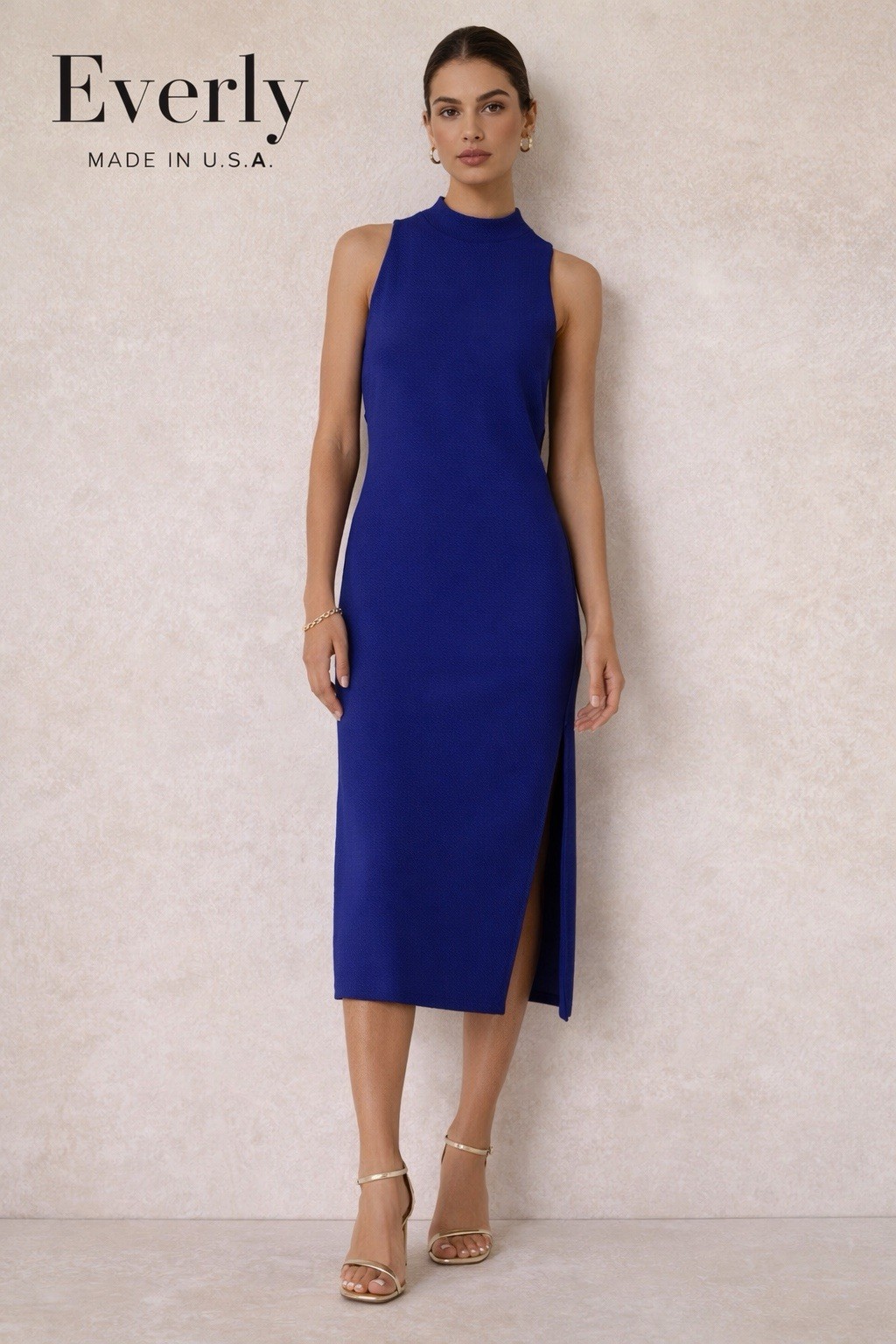 Everly Royal Blue Sleeveless Midi Dress Small Slit Made USA minimalist Office A8