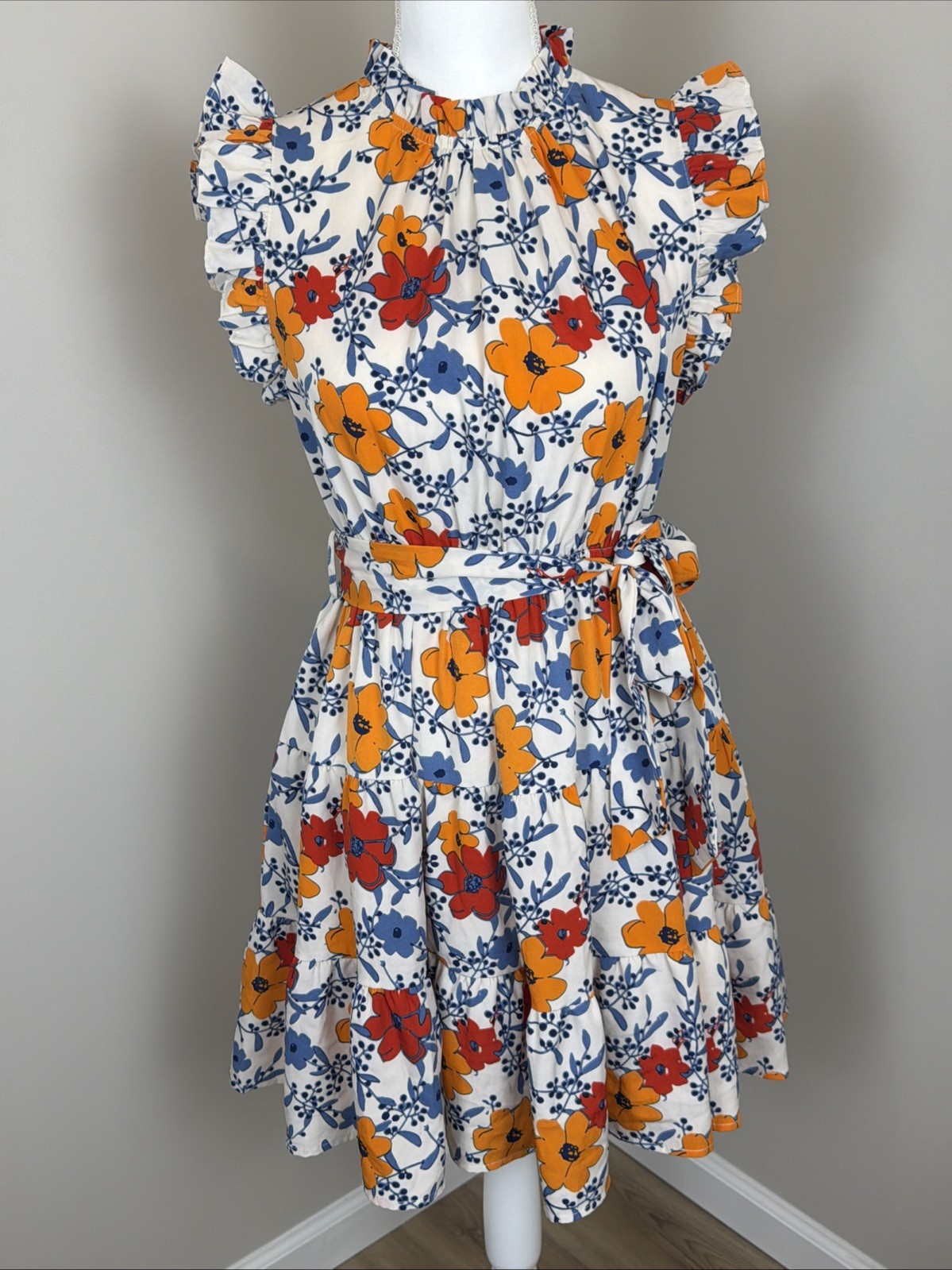 JODIFL Floral Mini Dress Womens Small White Orange Blue Tie Waist Ruffle Boh