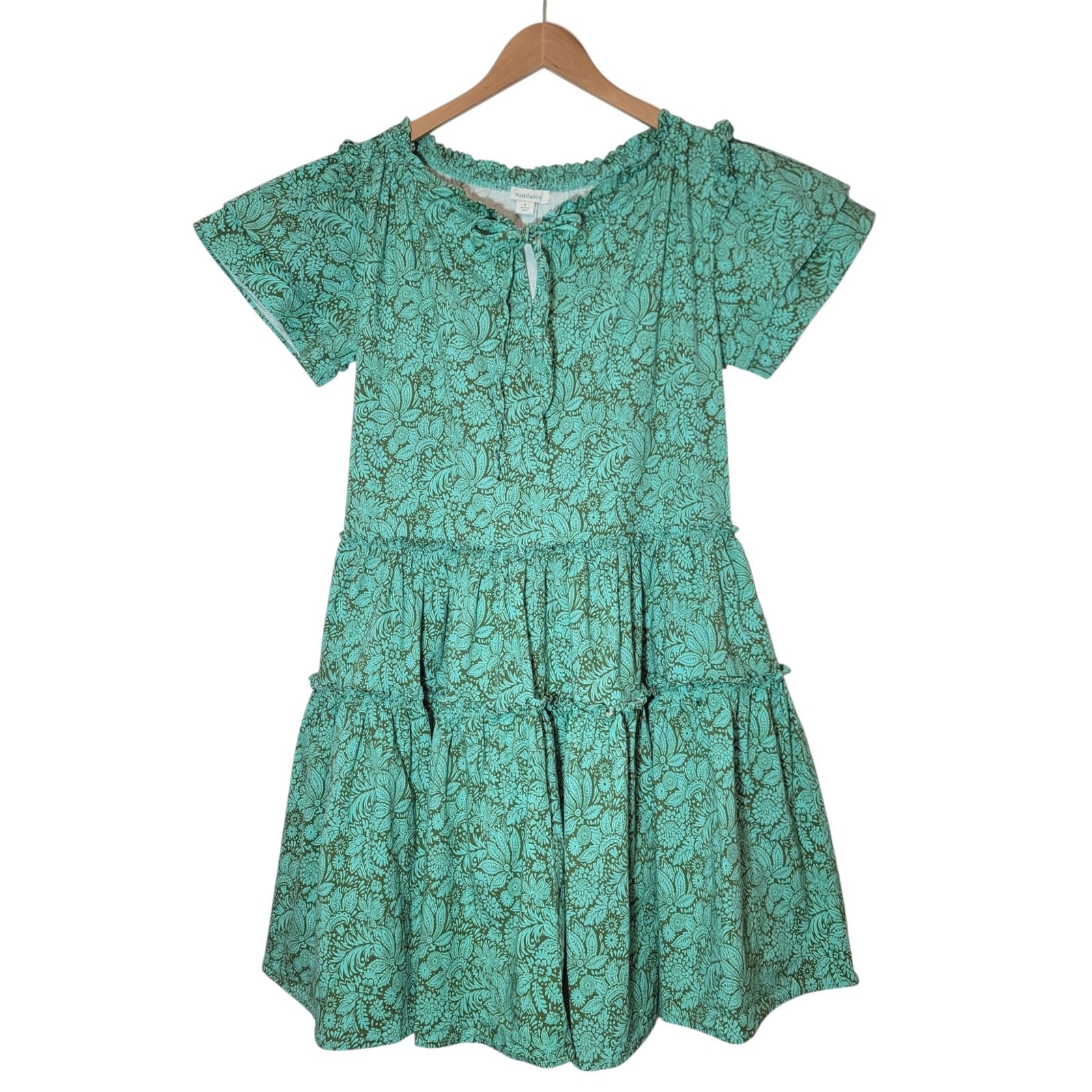 Sundance Liora Floral Leaf Cotton Tiered Ruffle Dress Short Sleeve Green S