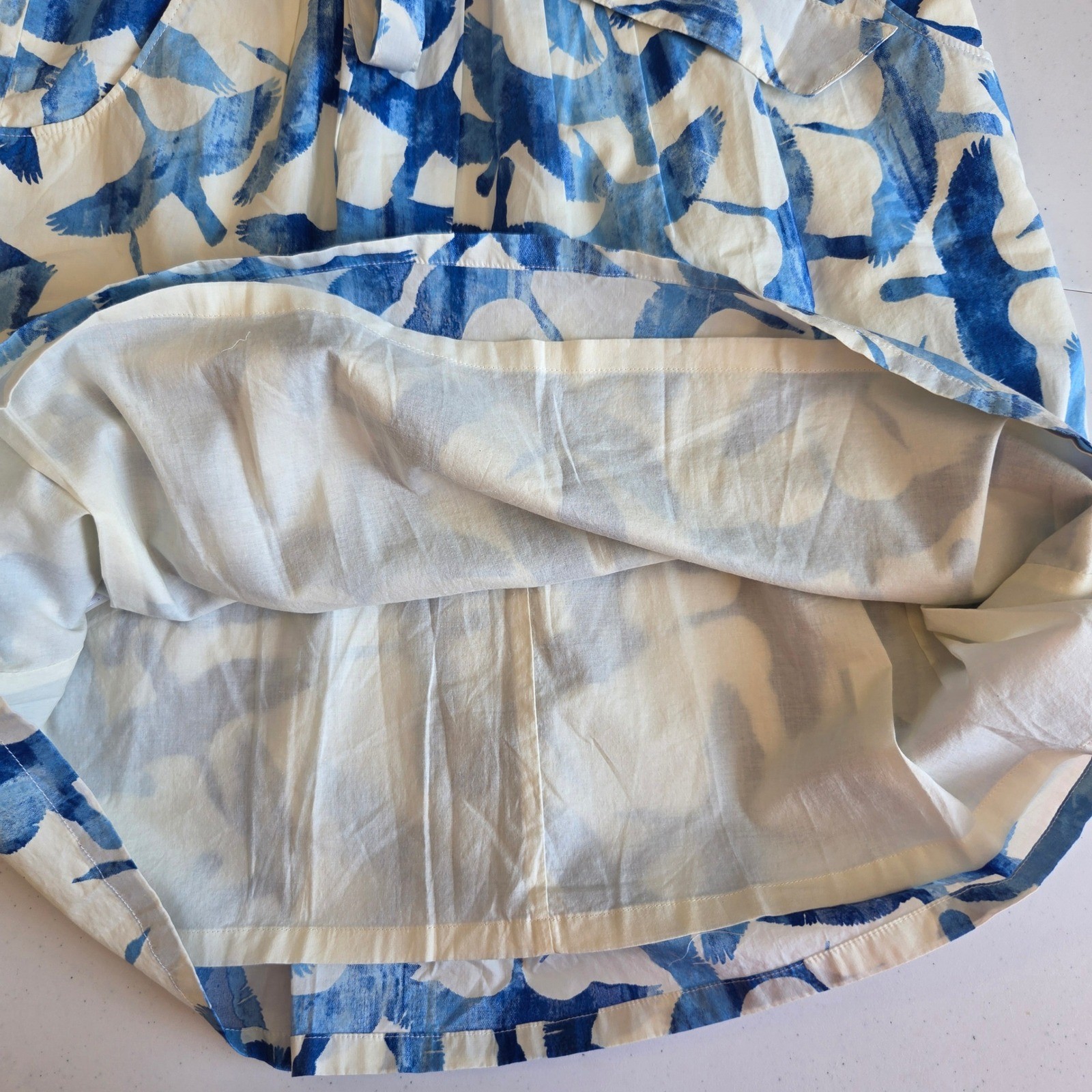LL Bean Signature Blue White Crane Bird Print Linen Cotton Belted Dress NWT 4