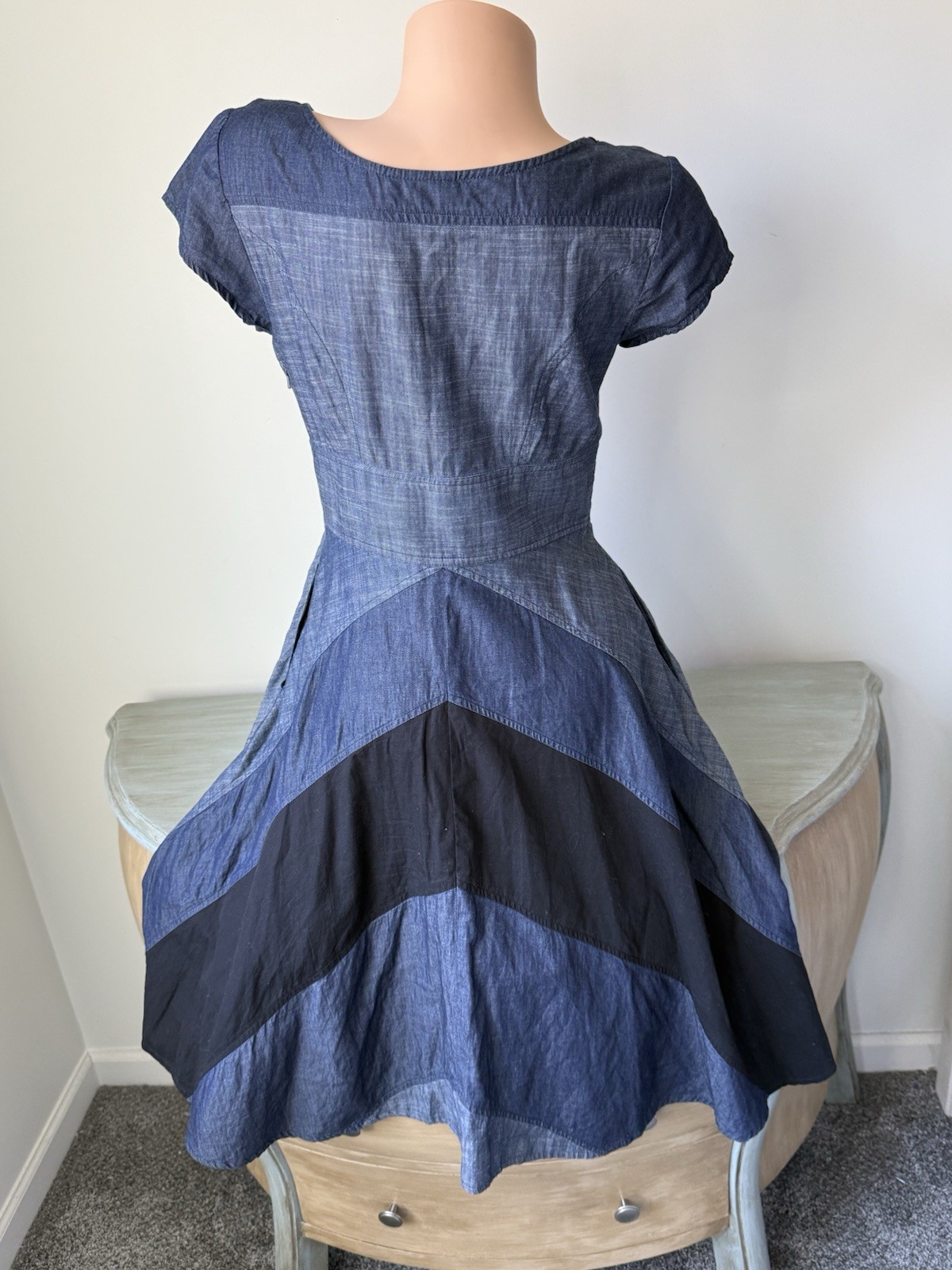 Chambray Dress Short Sleeve eShakti Artsy Boho Chevron Chic Cottage Blue Sz 8 M