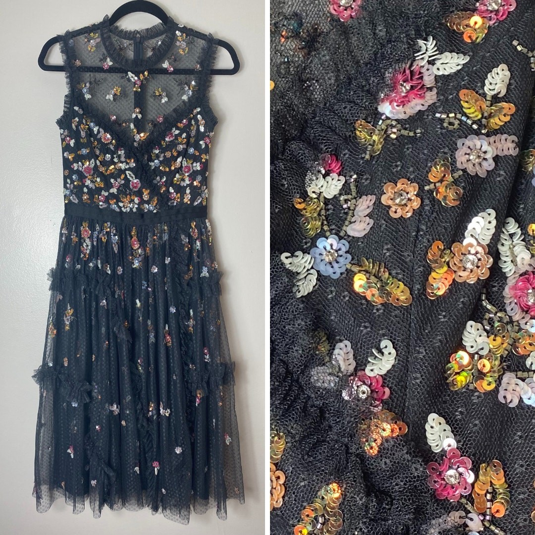 NEEDLE & THREAD DRESS 2 WEDDING GUEST MIDI SEQUIN FLORAL RUFFLE FORMAL BALLERINA
