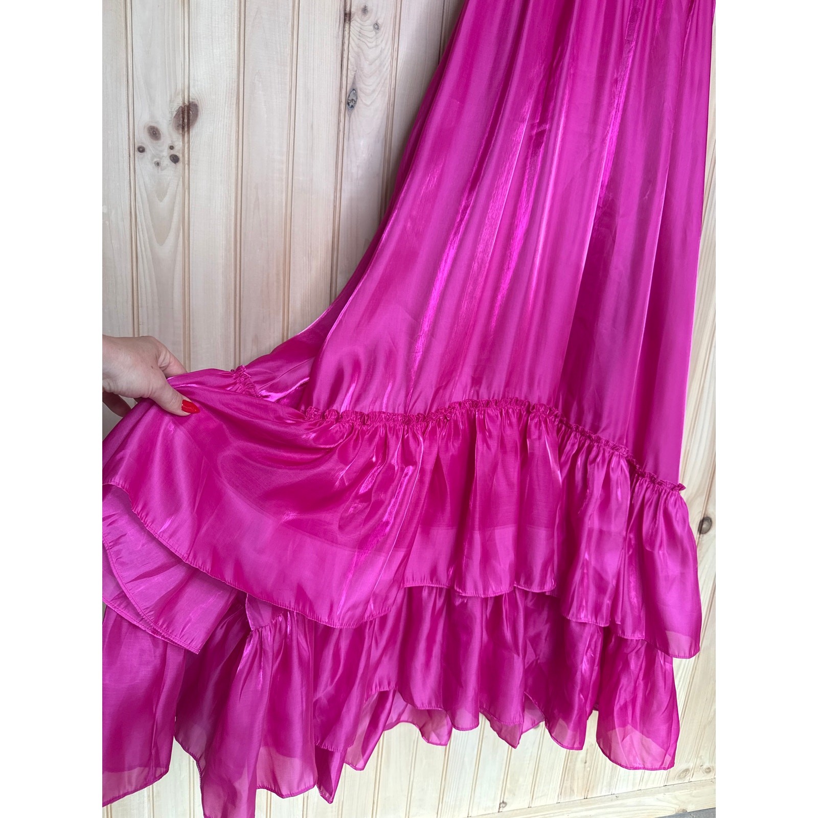 NWT Lulus Pristine Glow Magenta Pink Ruffled Tie-Back Maxi Dress Gala Banquet M