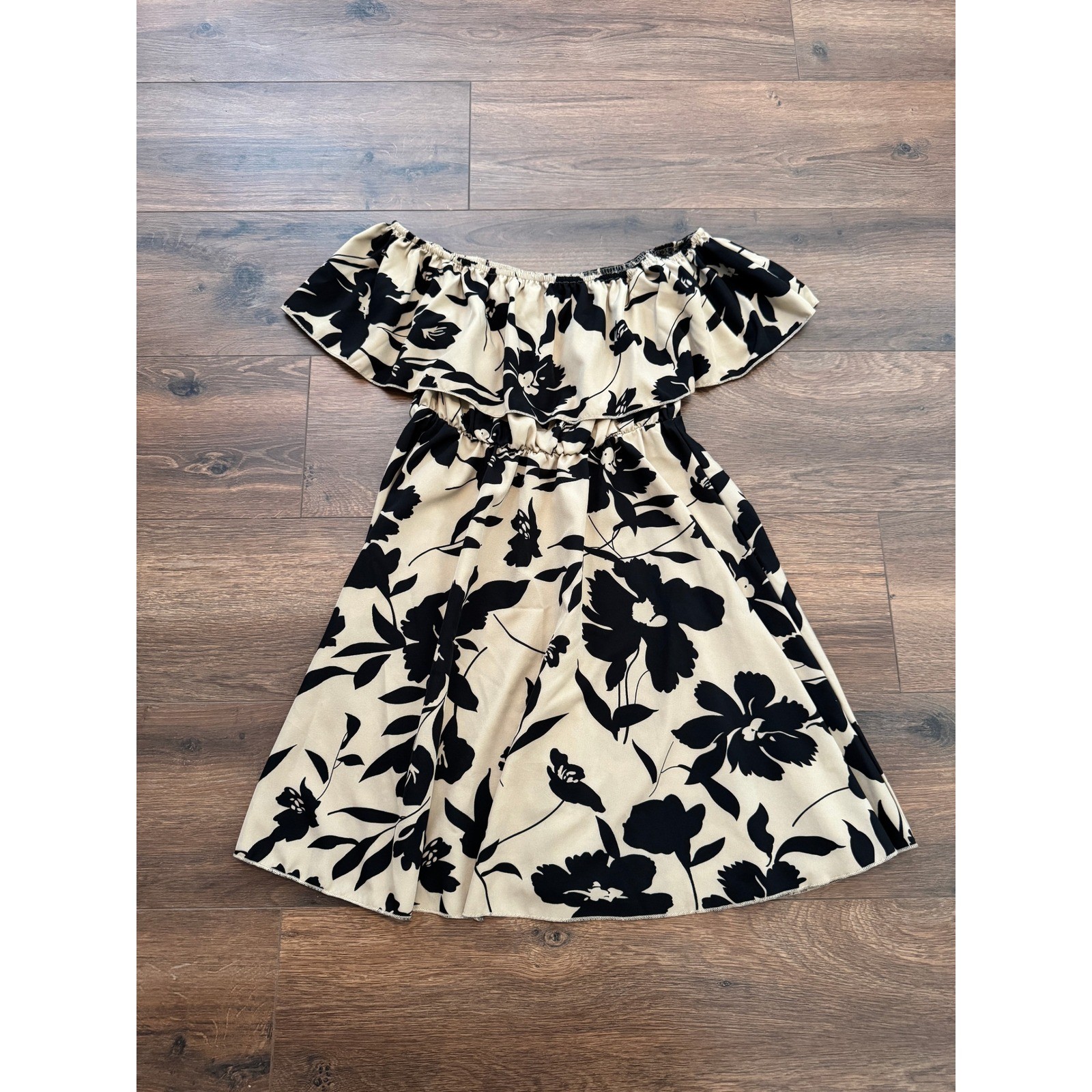 Floral Off The Shoulder Ruffle Mini Dress Cream Black Botanical Summer Sun Dress