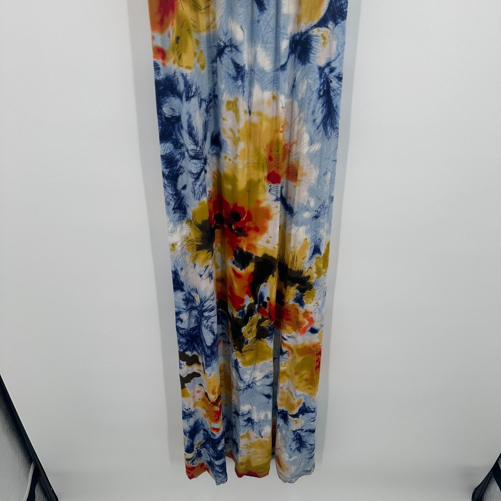Calvin Klein Women Blue Yellow Abstract Floral Maxi Dress Empire Waist Stretch S